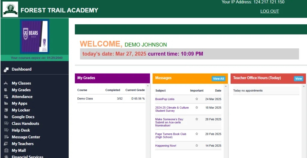 Student dashboard displaying course progress and tools.