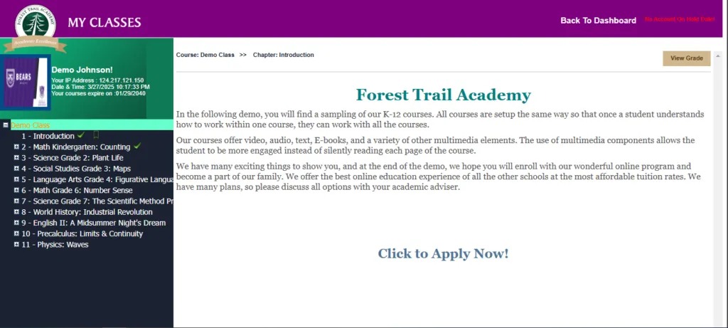 Preview of an online high school class at Forest Trail Academy.