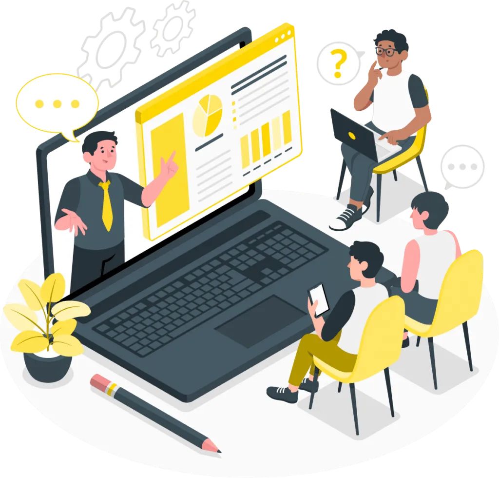 A laptop displays a presentation with charts while four people engage in a virtual discussion.