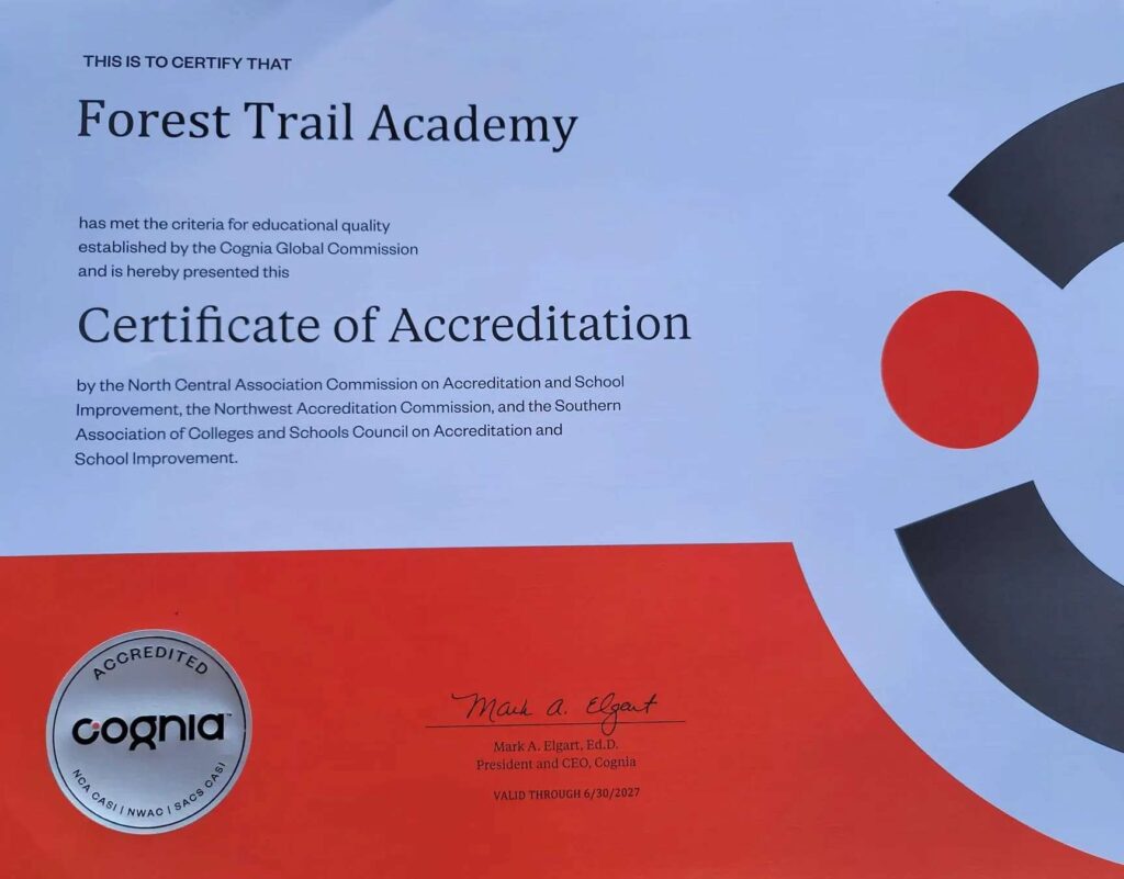 Certificate of Accreditation awarded to Forest Trail Academy by Cognia.