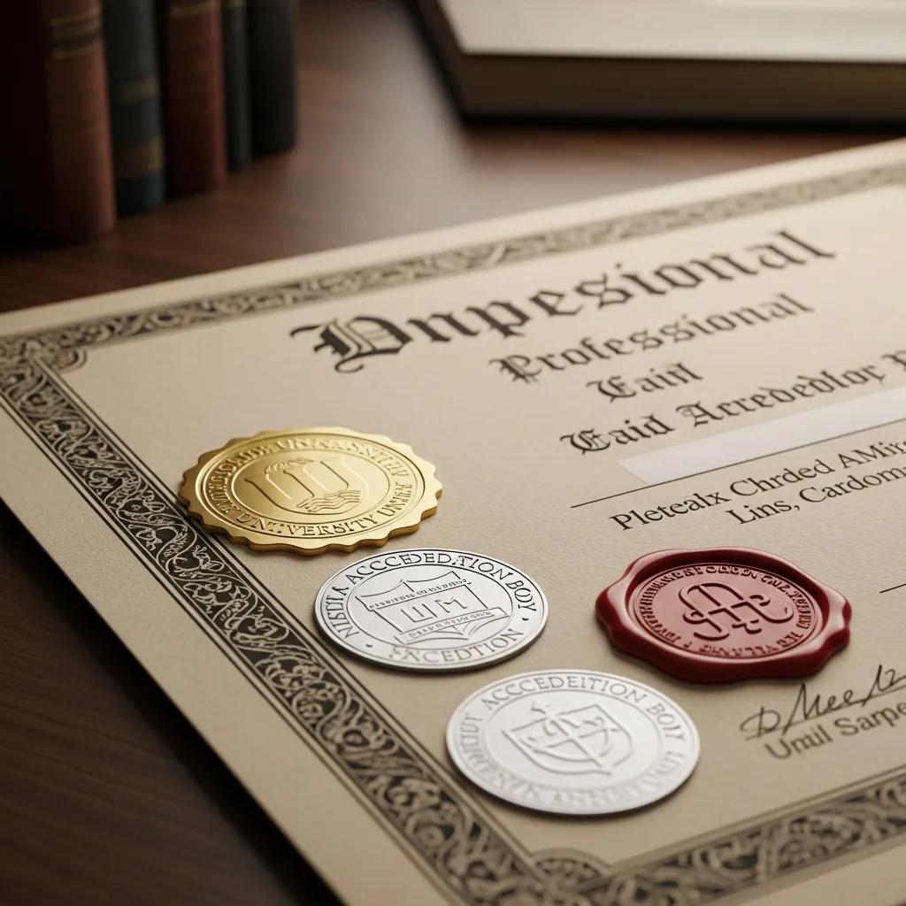 Close-up of a diploma with accreditation seals, symbolizing the importance of educational quality