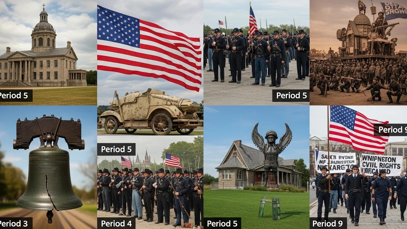 Collage of symbols representing different periods of US history