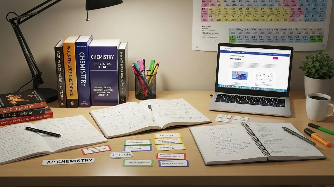 Diverse AP Chemistry study materials including textbooks, notebooks, and online resources, highlighting effective preparation strategies.
