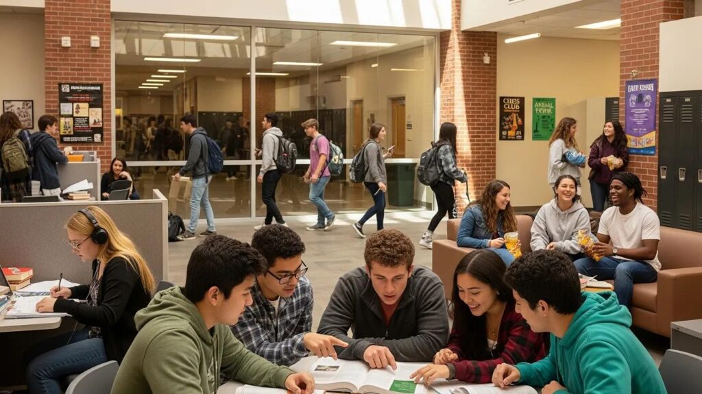 Diverse high school students interacting and studying together in a vibrant classroom