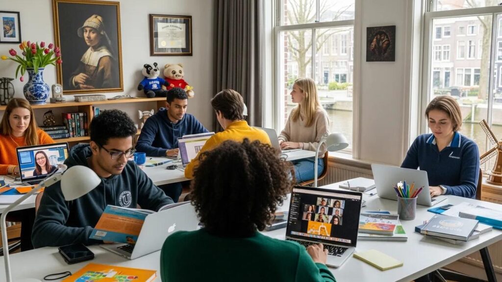 Diverse students engaged in online learning at home, symbolizing the benefits of accredited American K-12 education for families in the Netherlands