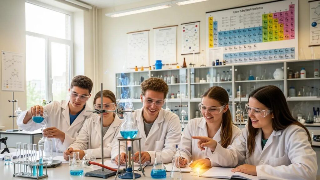 High school chemistry classroom with students conducting experiments, promoting engagement and academic success in AP Chemistry.
