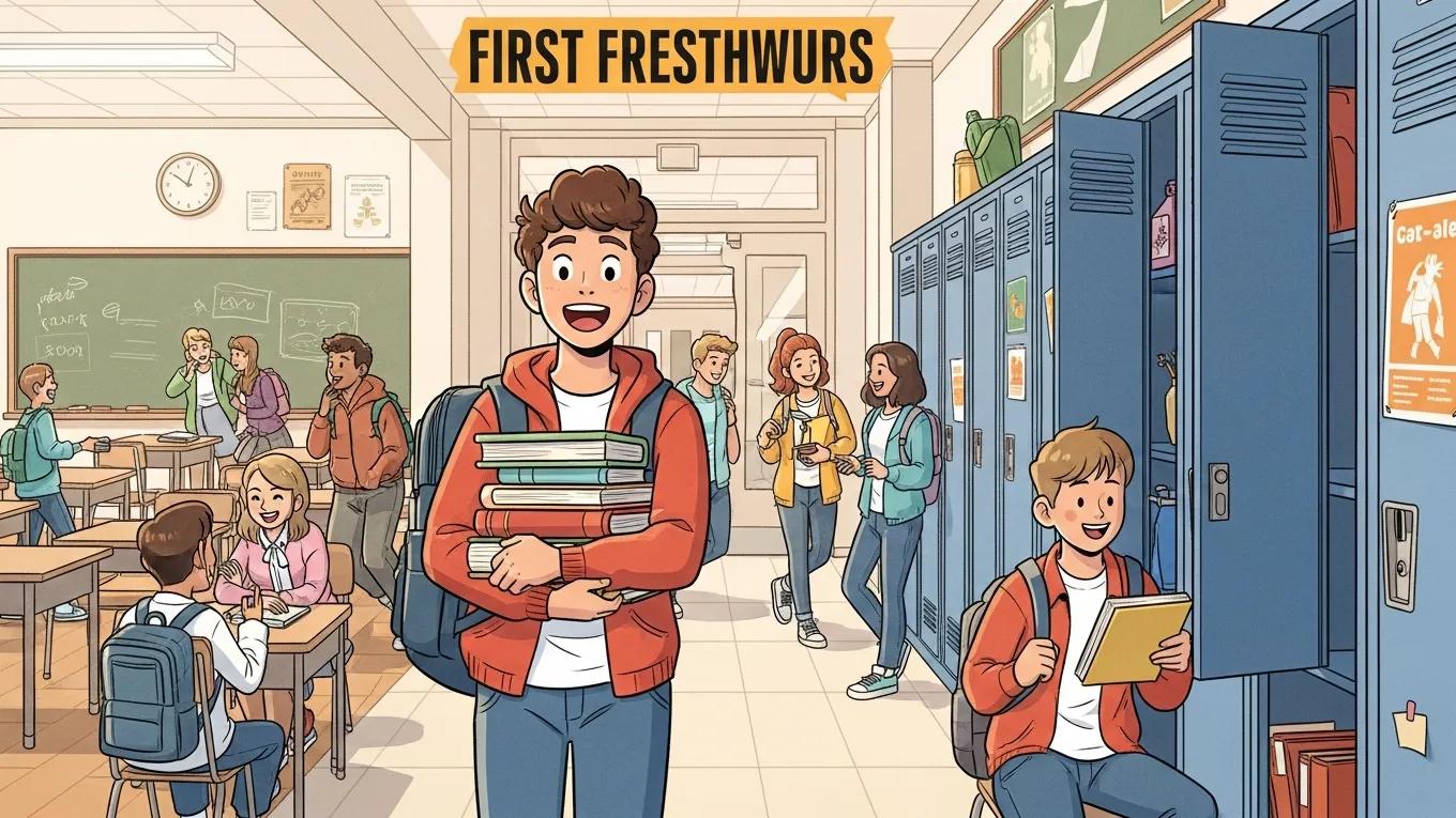 High school freshman experiencing the excitement of the first day of school, interacting with peers in a hallway
