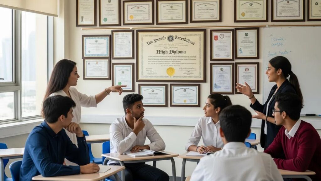 Importance of US accreditation diplomas in education, emphasizing pathways to US and UK universities for Qatar students