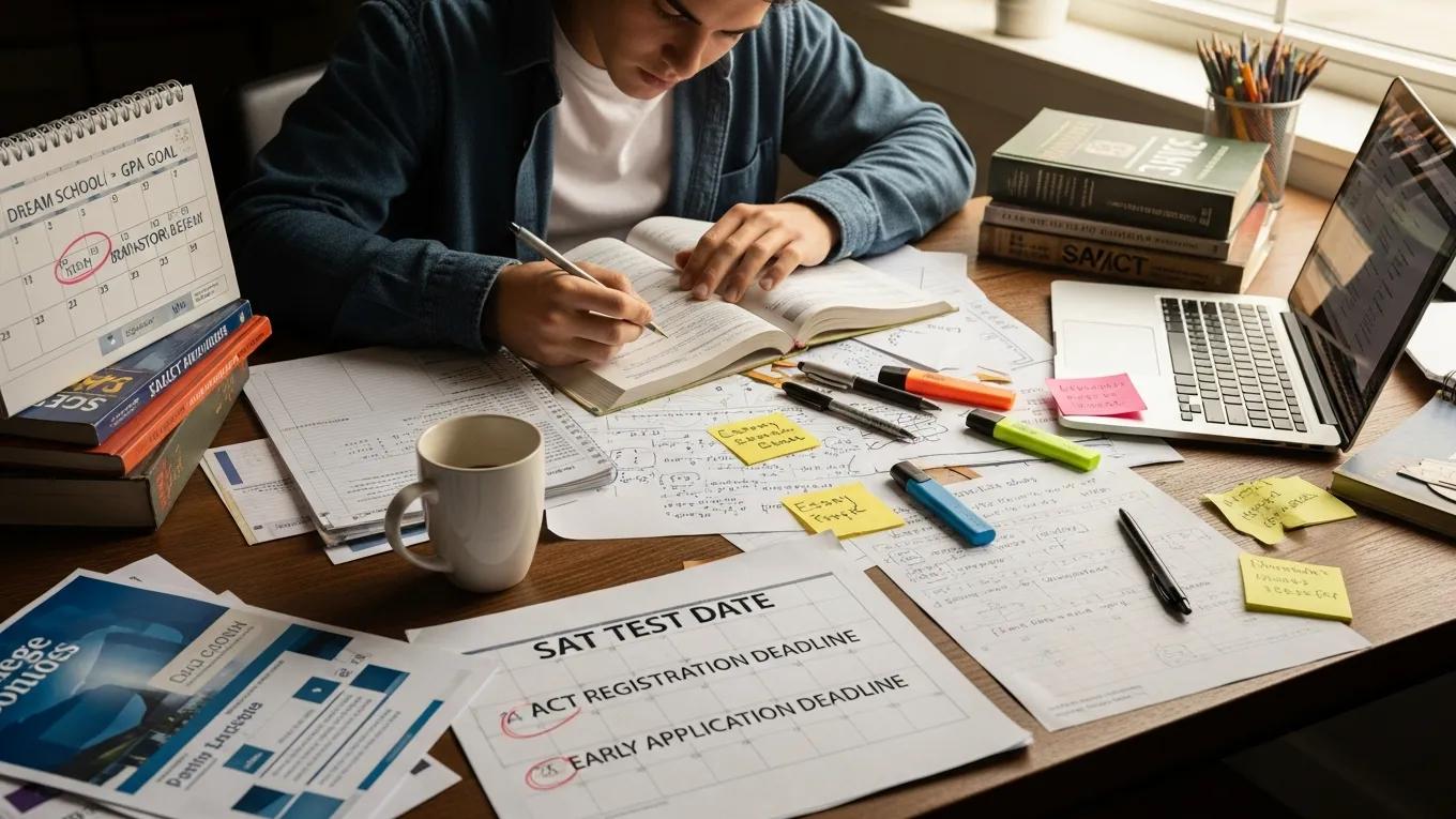 Junior high school student studying diligently for SAT/ACT with materials on a desk