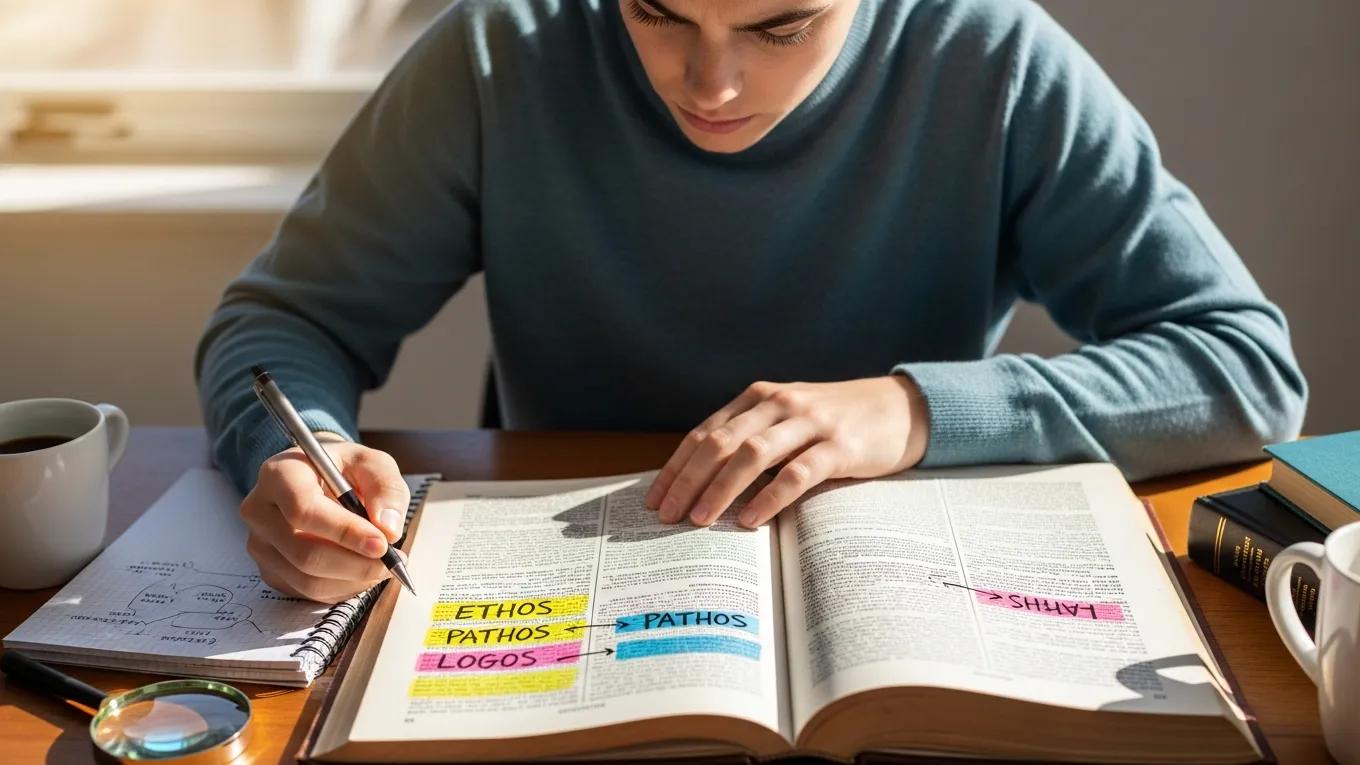 Student analyzing text and applying rhetorical techniques for AP Lang success