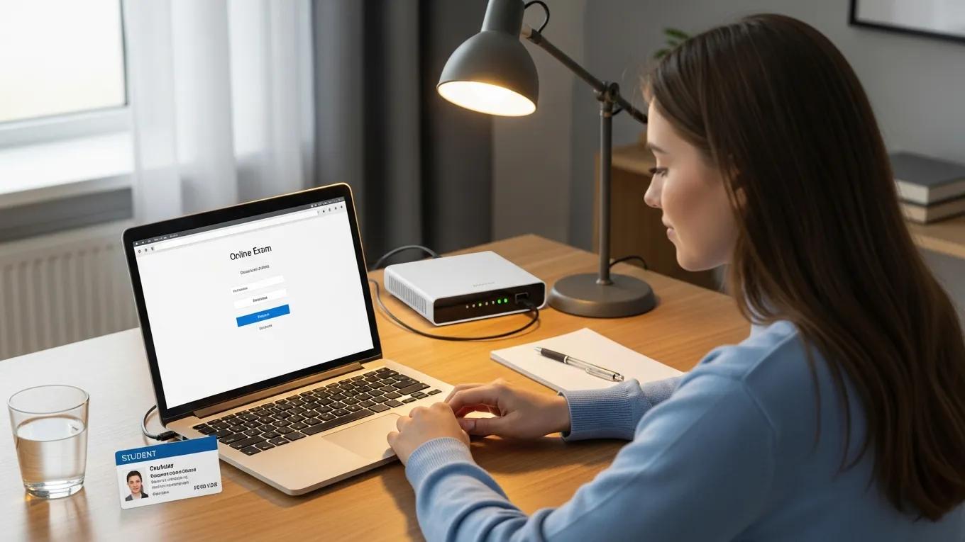 Student in quiet room preparing for online exam with valid ID and stable internet setup