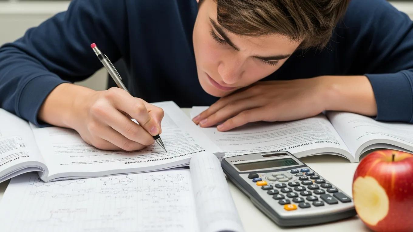 Student intensely working on AP Chemistry practice exam, illustrating dedication to mastering practice techniques.