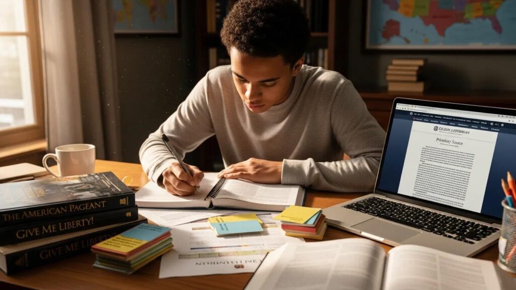 Student studying AP US History surrounded by books and study materials