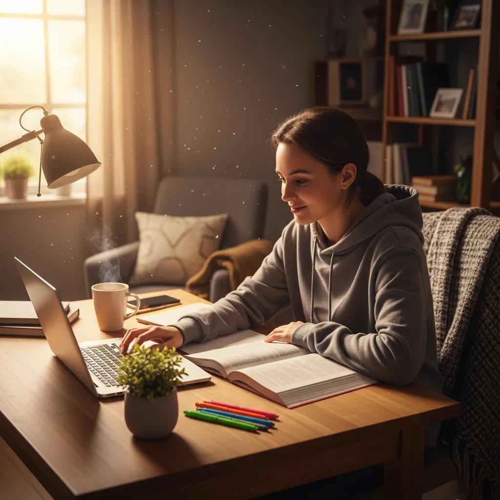 Student studying at home in a cozy environment, illustrating flexible self-paced learning