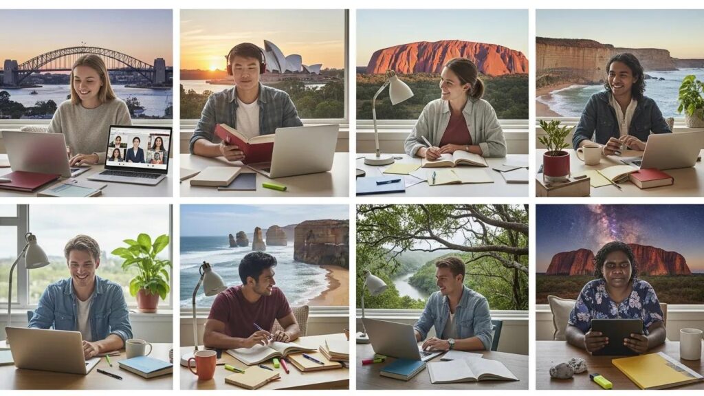 Students engaging in online learning at home with Australian scenery in the background