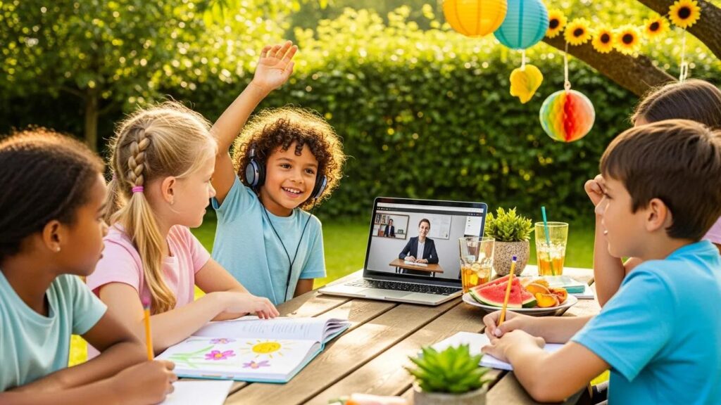 Students enjoying summer learning in an outdoor online school environment