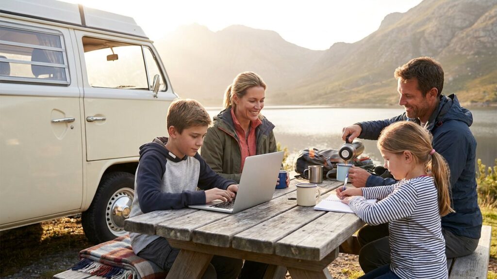 Family on a travel year doing schoolwork at a picnic table beside a camper van