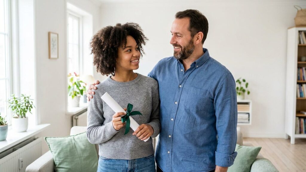 Teen holding a homeschool diploma beside her father