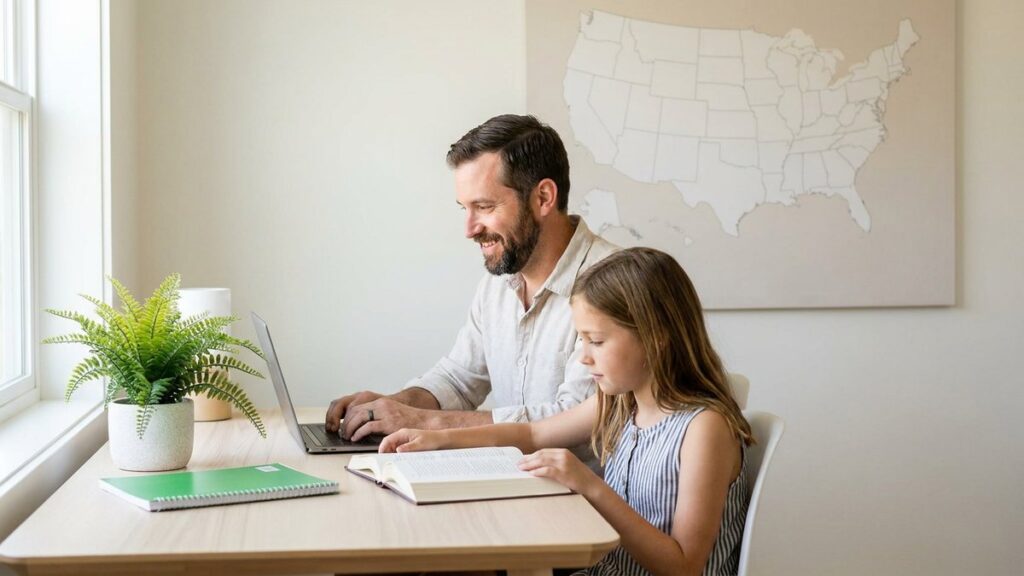 Father and daughter at a home desk with a United States map on the wall