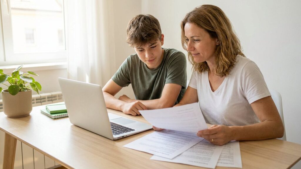 Mother and teen reviewing a homeschool transcript at a desk