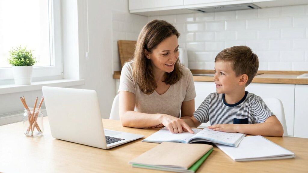 Mother and son starting homeschool lessons at the kitchen table
