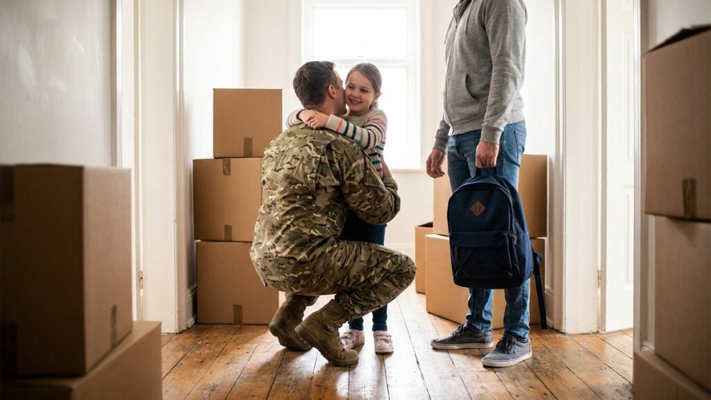 Military parent hugging a child during a PCS move