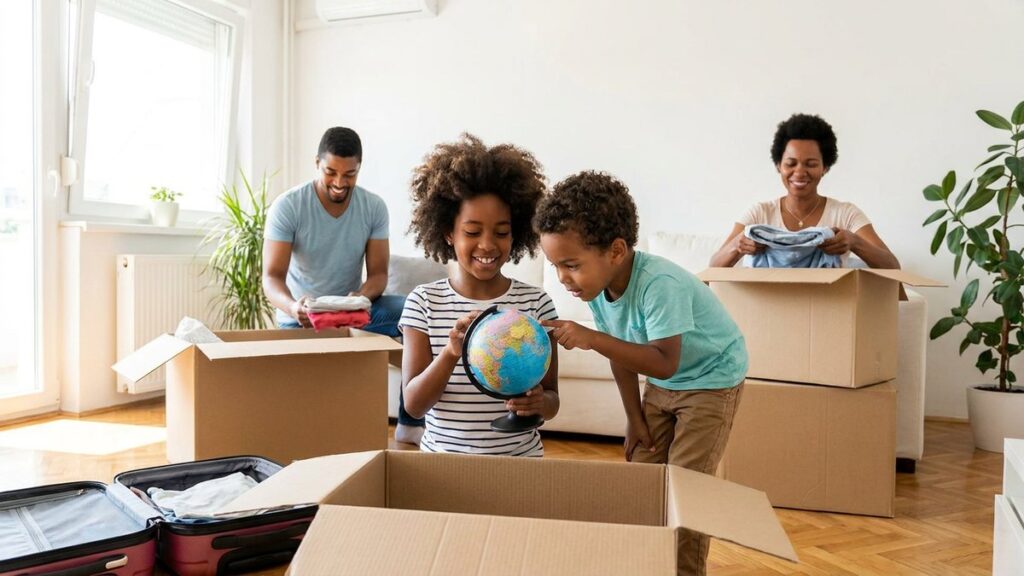 Family packing boxes for a move abroad while children look at a globe