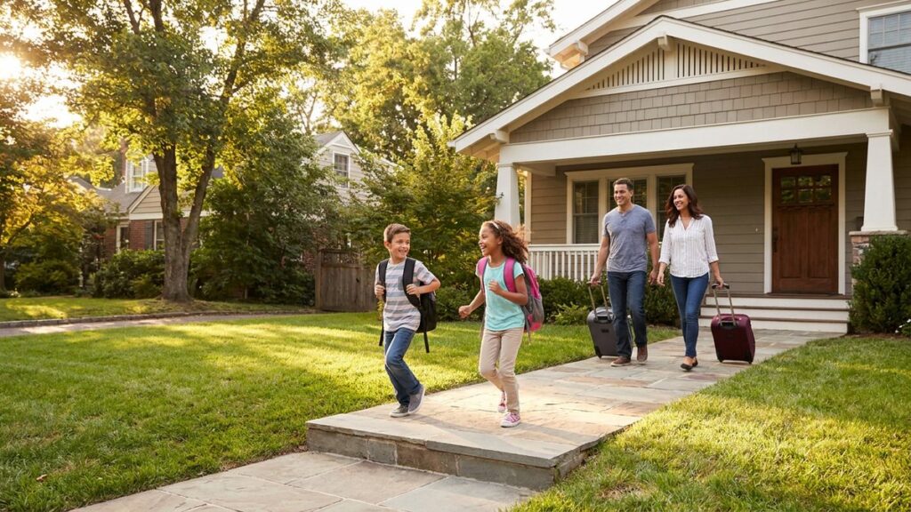 Family with school-age children arriving at a home in the United States