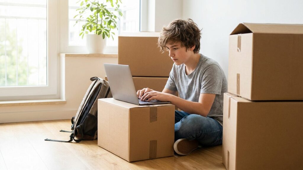 Teen doing schoolwork on a laptop among moving boxes