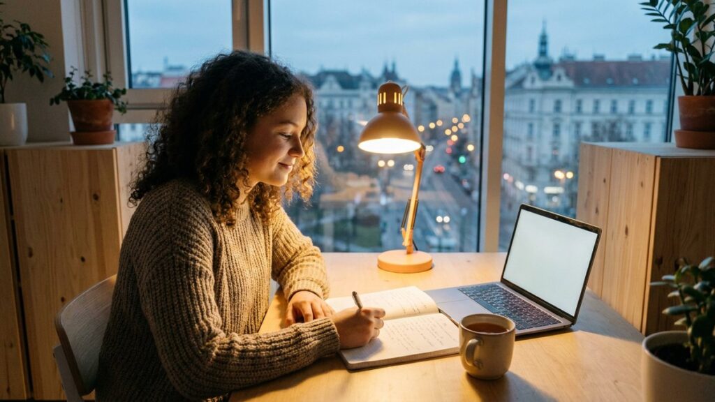 Teen studying online in the evening in a city abroad