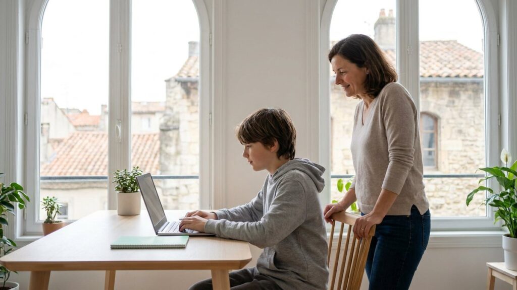 Student doing online school in an apartment abroad with a parent nearby