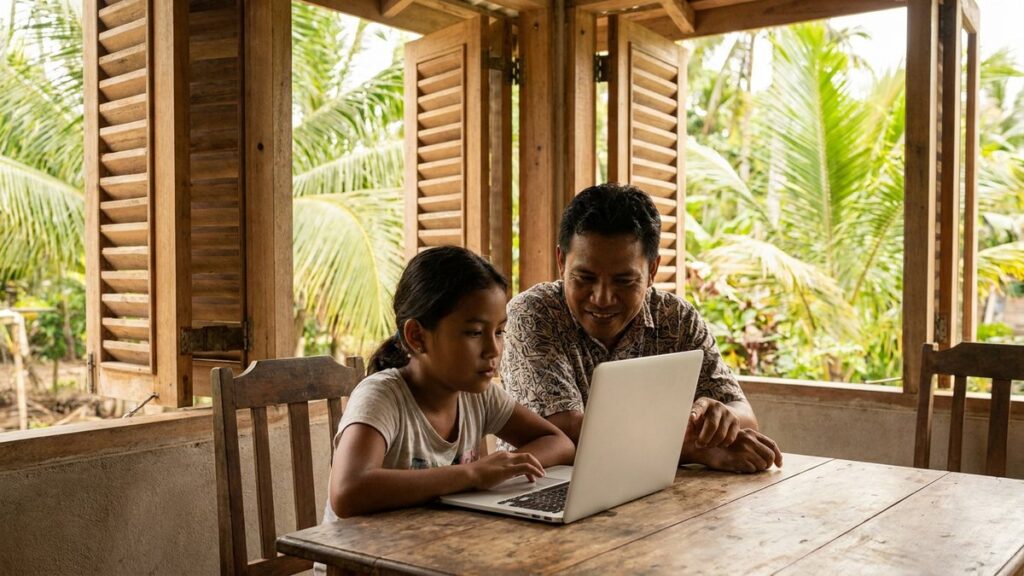 Father helping his daughter with online school in a home abroad